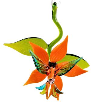 Preview: Kolibri in Blüte mit Blatt, hängend (Blüte:gelb/Kolibri:braun-grün-hellblau)